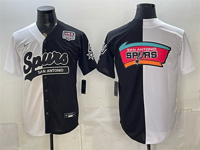Men's San Antonio Spurs Team Big Logo White/Black Split USA 250' Patch Stitched Baseball Jersey